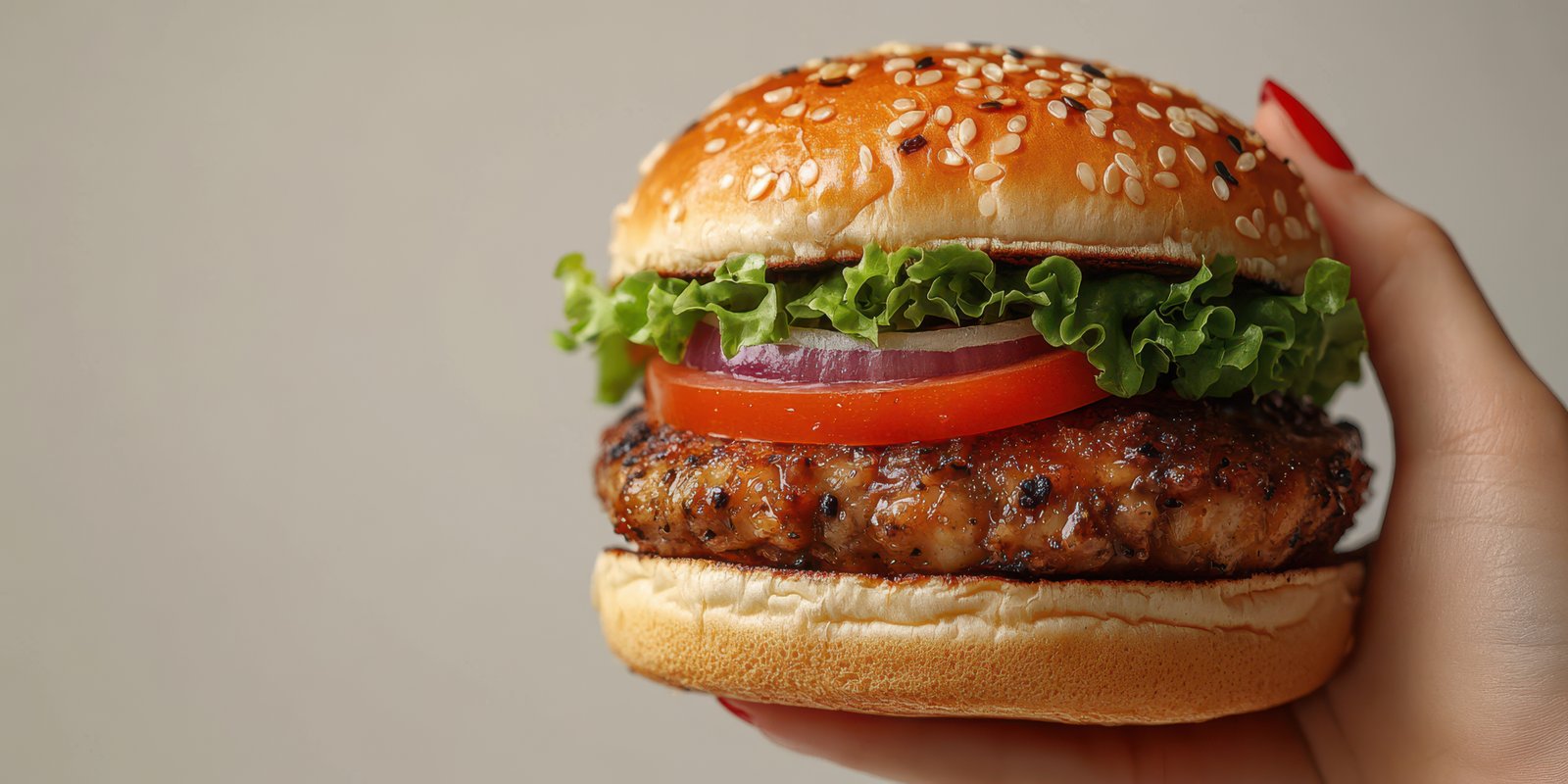 Hand holding a delicious grilled burger with fresh toppings including lettuce, tomato, and onion against a neutral background